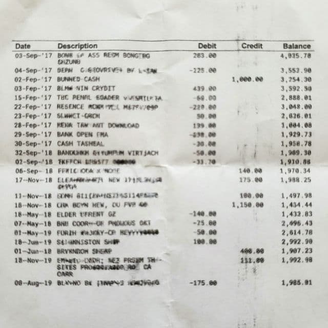 Example of a blurry, low resolution bank statement scan