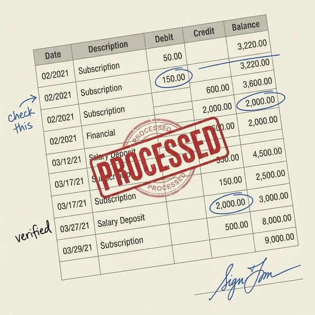 Example of a bank statement with handwritten notes and stamps