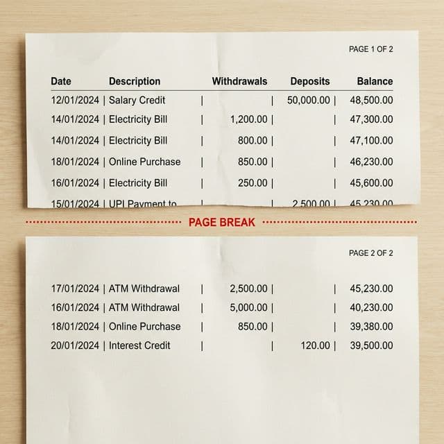 Example of a transaction split across two pages