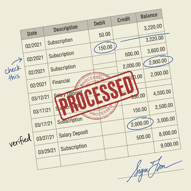 Example of a bank statement with handwritten notes and stamps